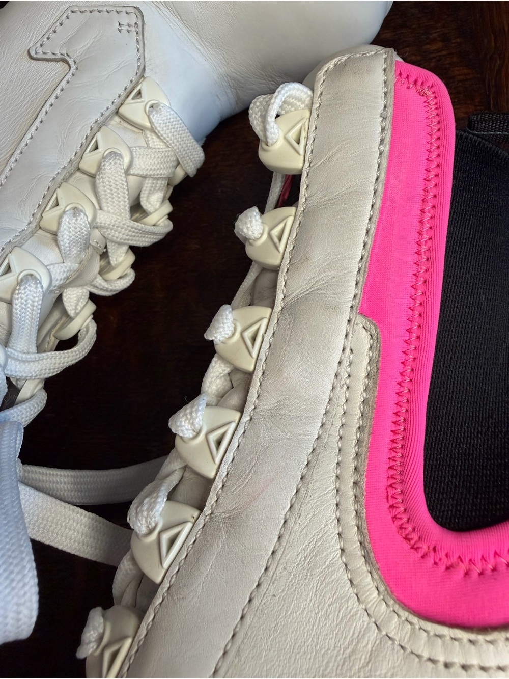 Prada White Leather & Neon Pink Neoprene Chunky Heel Lace Up Boots IT 6.5 - Picture 9 of 16